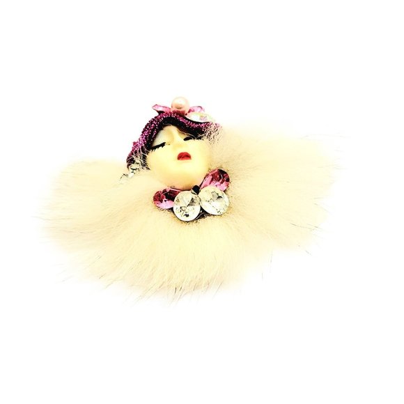Vintage 80's Faux Fur Porcelain Lady Brooch (A253) - Picture 1 of 4